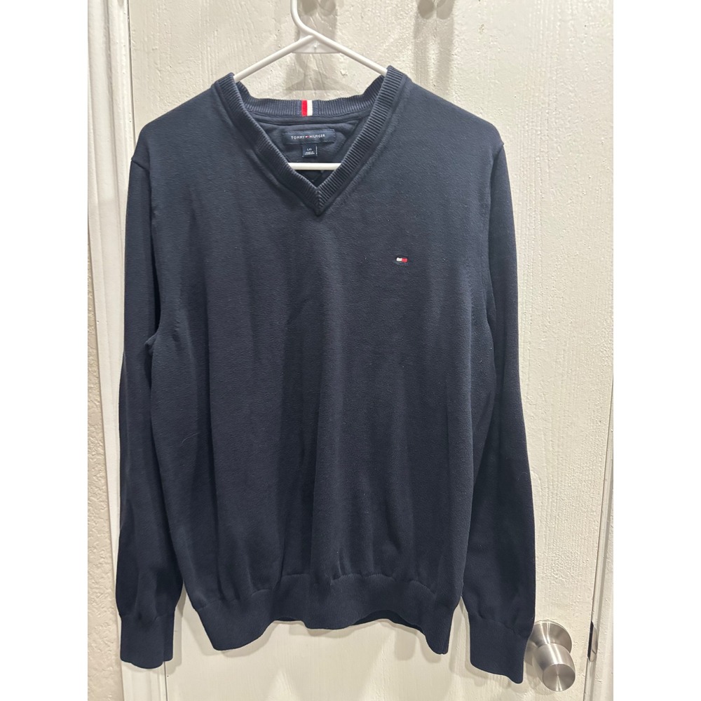 Tommy Hilfiger Womens Navy Blue Cotton V-Neck Sweater Size Large L Logo